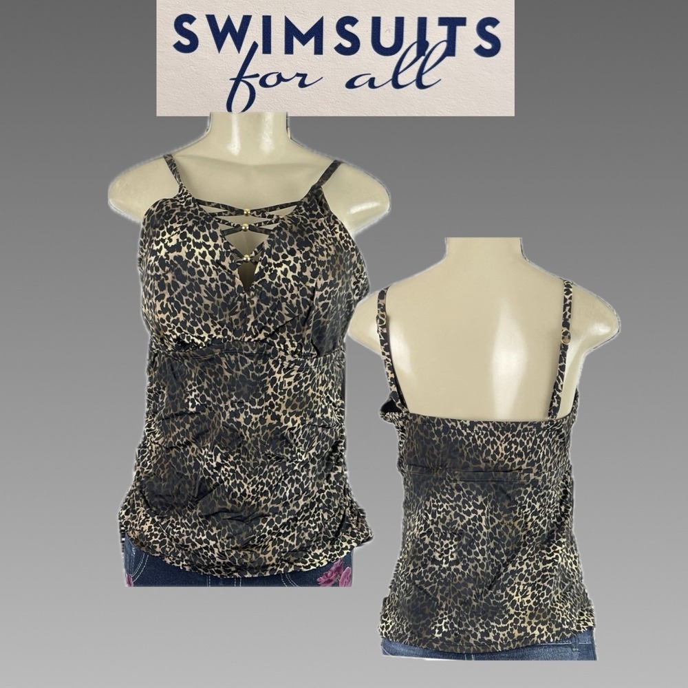 Swimsuits For All 14 Leopard Print Tankini Swim Top Lattice Strap Neck Bra Shelf